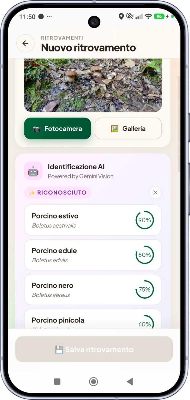 Home Schermata Ritrovamento con suggerimento AI di MushScout