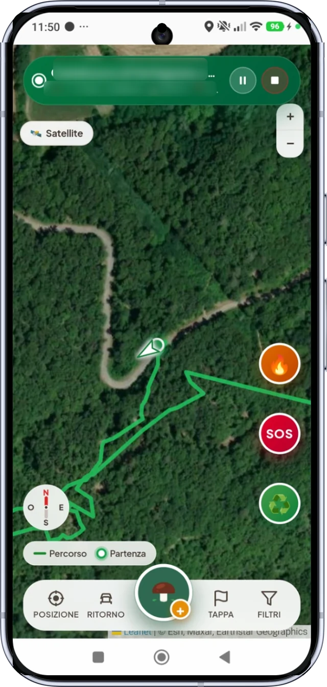 MushScout - Traccia Gps Funghi e Porcini Mappa satellitare di MushScout con il tracciato GPS di un'uscita a funghi porcini