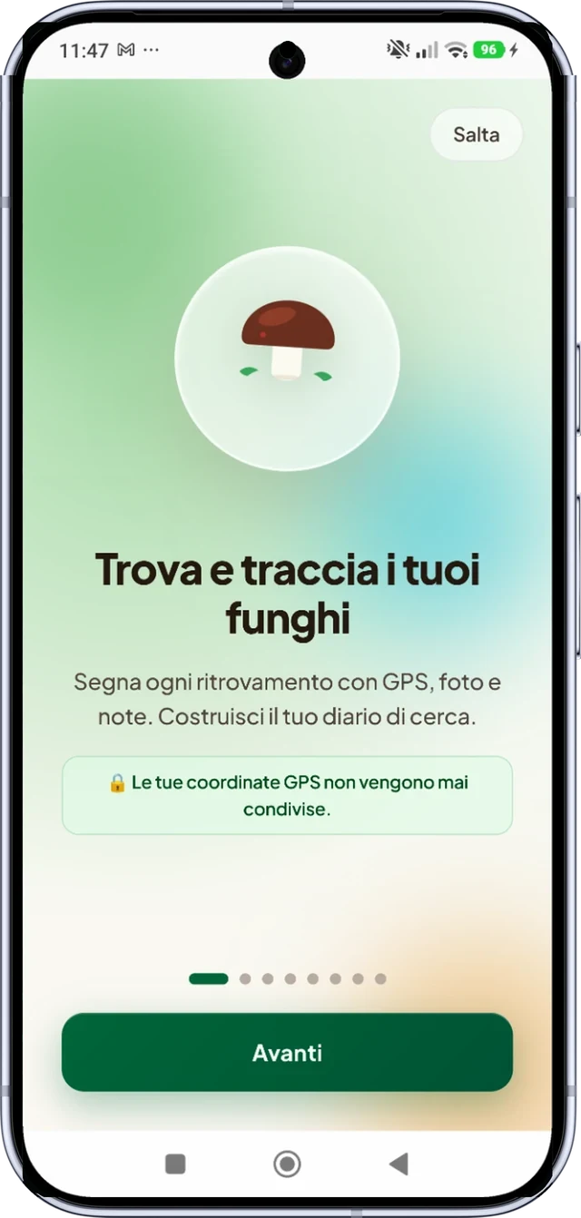 Home Schermata iniziale di MushScout: le tue coordinate GPS non vengono mai condivise