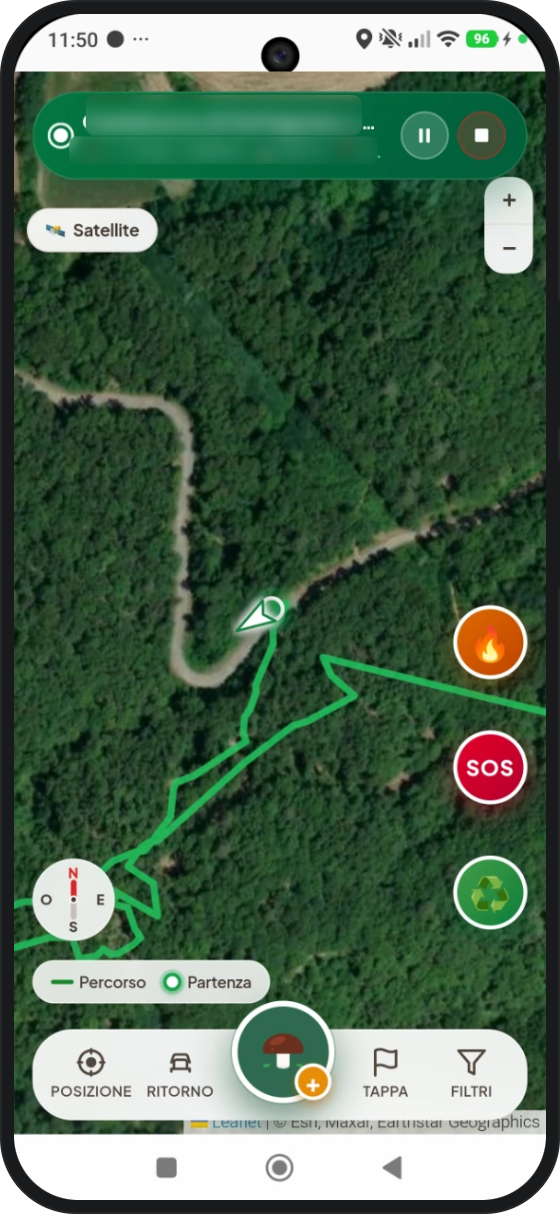 Mappa satellitare di MushScout con il tracciato GPS di un'uscita a funghi porcini
